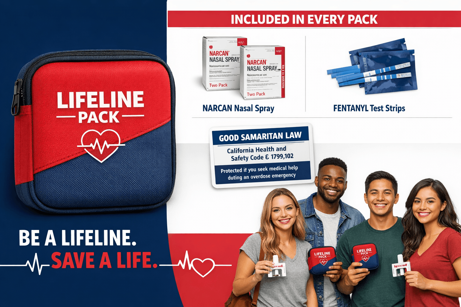 Lifeline Pack — includes Narcan Nasal Spray, Fentanyl Test Strips, and Good Samaritan Law information